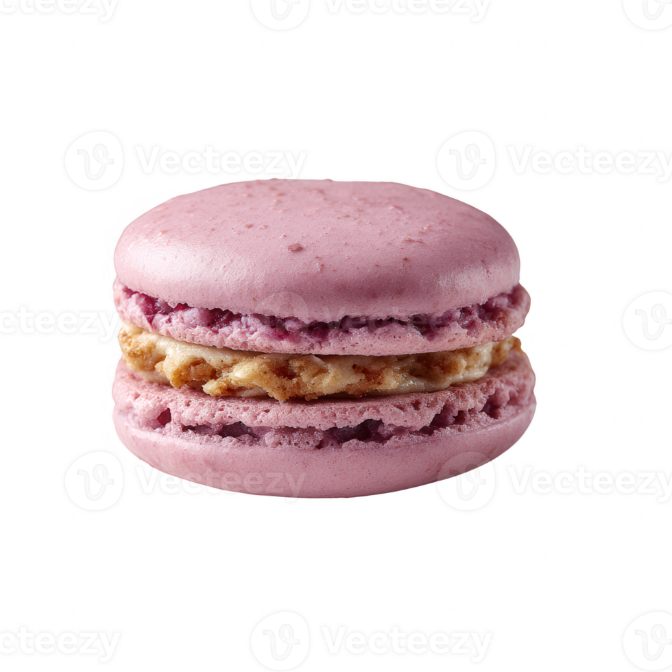 A delicious pink macaroon with a creamy filling, isolated on a white background, perfect for desserts or pastries. png