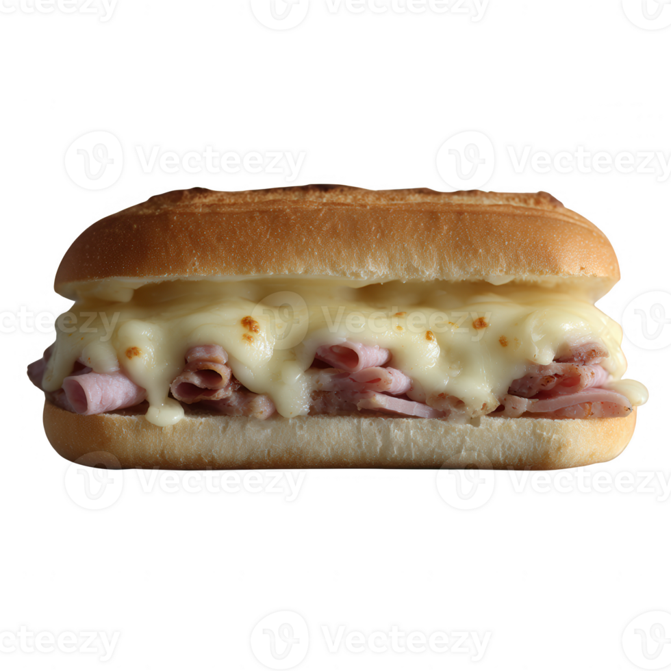 A delicious sandwich filled with layers of ham and melted cheese, served in a soft bun, perfect for lunch or a quick snack. png