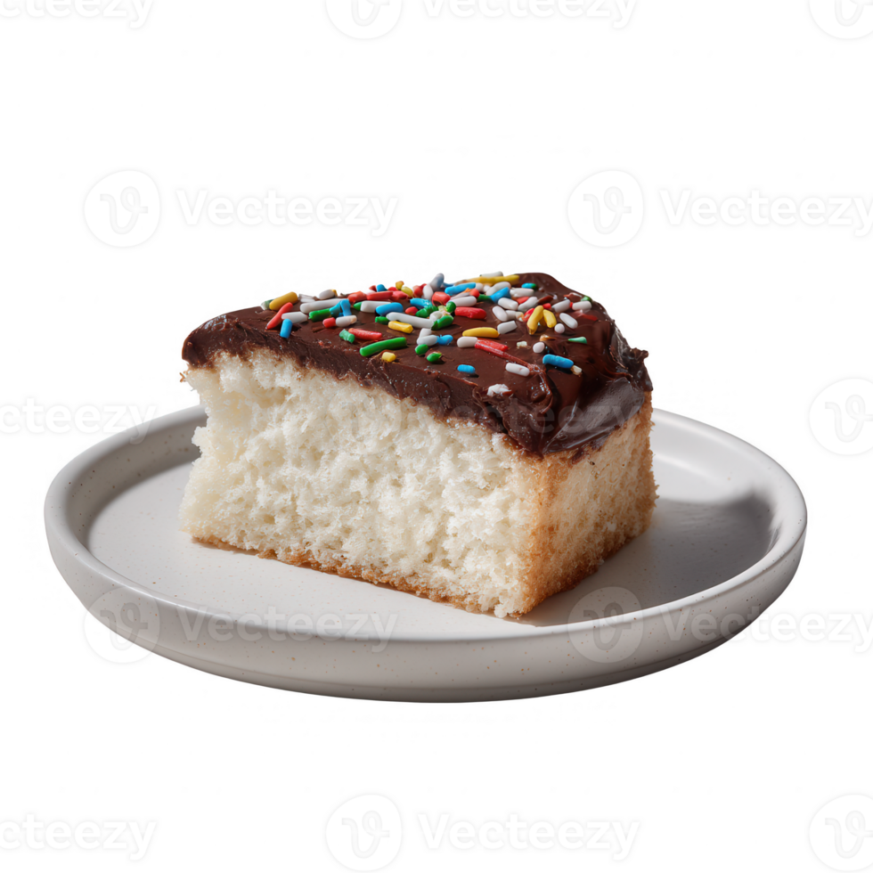 A delicious slice of cake with chocolate frosting and colorful sprinkles, served on a clean, white plate. Perfect for birthdays or celebrations. png