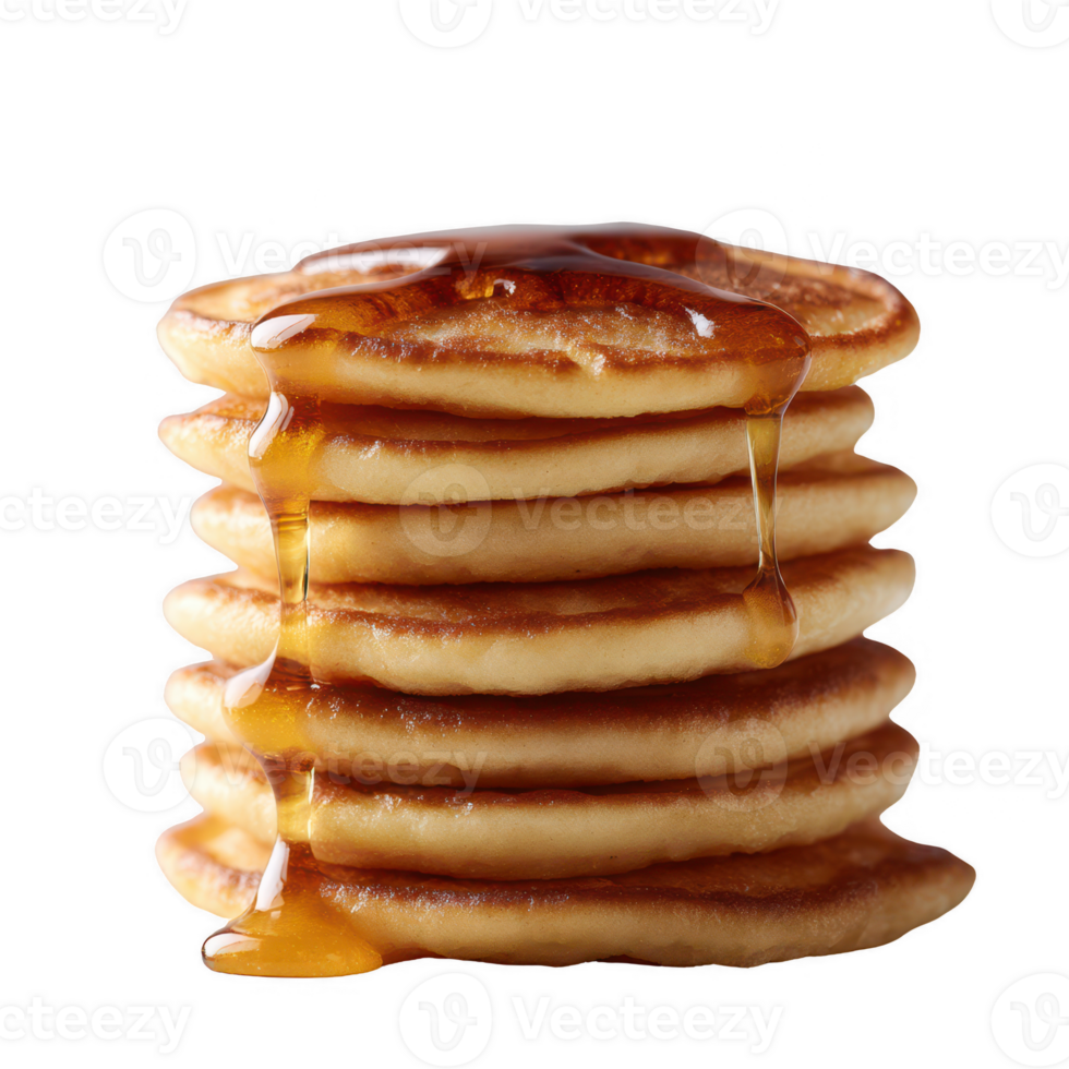 A delicious stack of fluffy pancakes drizzled with golden syrup, perfect for breakfast. The pancakes are soft and inviting, showcasing a tempting glaze that enhances their appeal. png