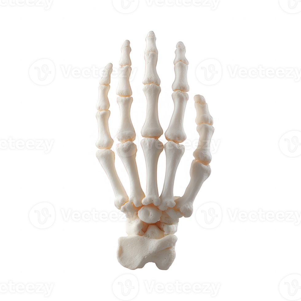 A detailed anatomical model of a human hand skeleton showcasing the intricate structure of bones and joints against a white isolated background. png
