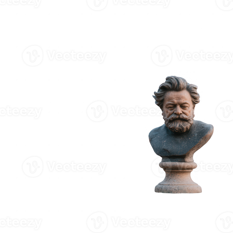 A detailed bust sculpture of a bearded man, showcasing artistic craftsmanship. Perfect for illustrating themes of history and philosophy against a white isolated background. png