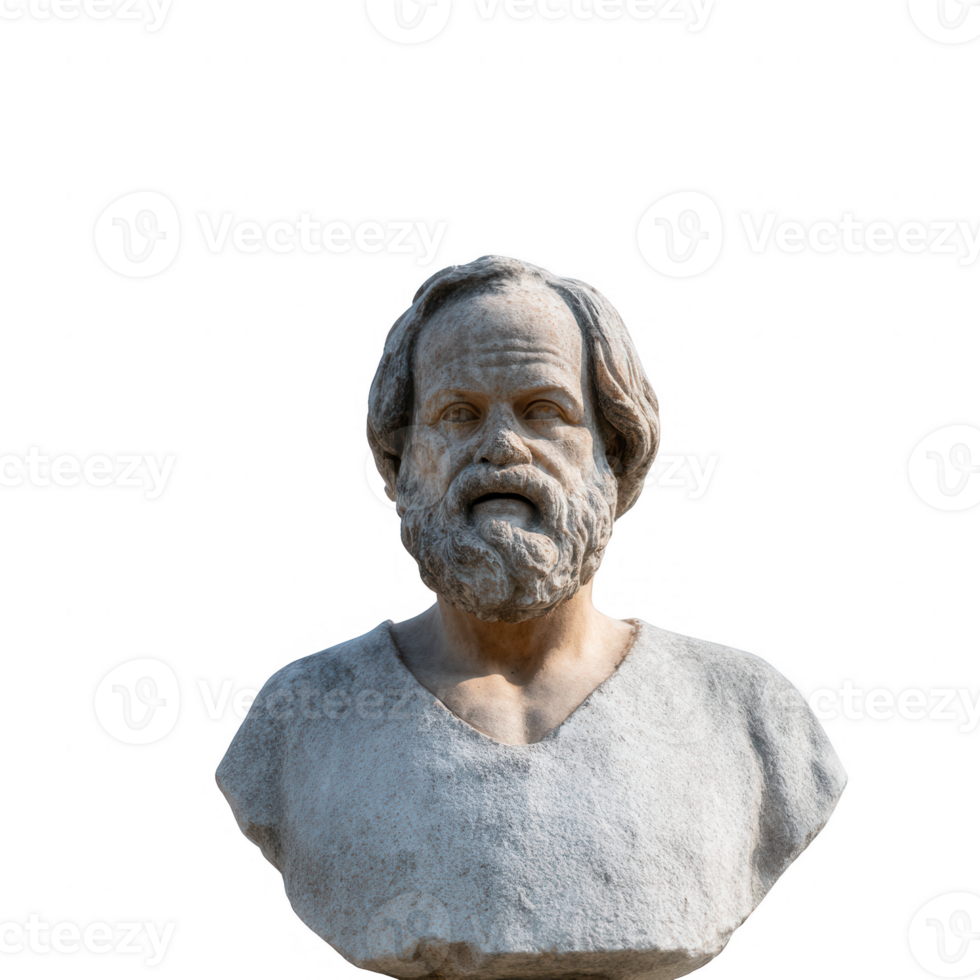 A detailed stone bust of a philosopher, showcasing intricate facial features and a thoughtful expression, set against a white isolated background. png