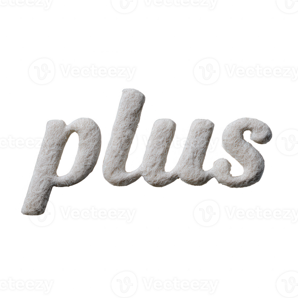 A fluffy white text reading 'plus' on a transparent background, perfect for graphic designs and creative projects. png