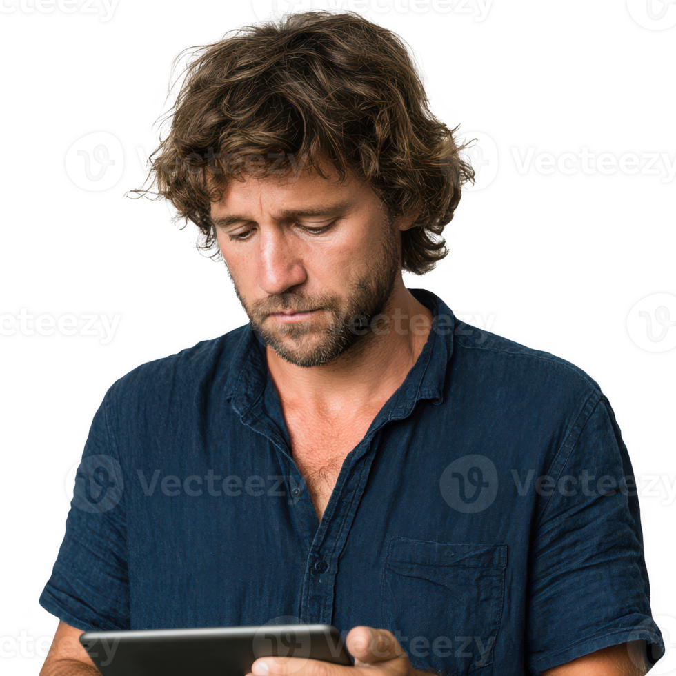 A focused man with curly hair is using a tablet, displaying a thoughtful expression and casual attire, isolated on a white background. png