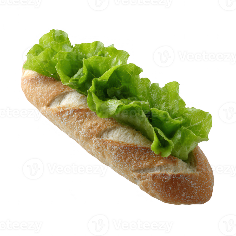 A fresh and crispy sandwich roll topped with vibrant green lettuce, isolated on a white background for a clean and appealing look. png