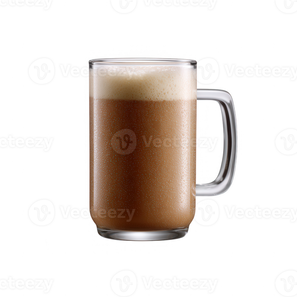 A frothy beer mug filled with a rich brown beverage, showcasing a creamy top layer, perfect for refreshing moments. png