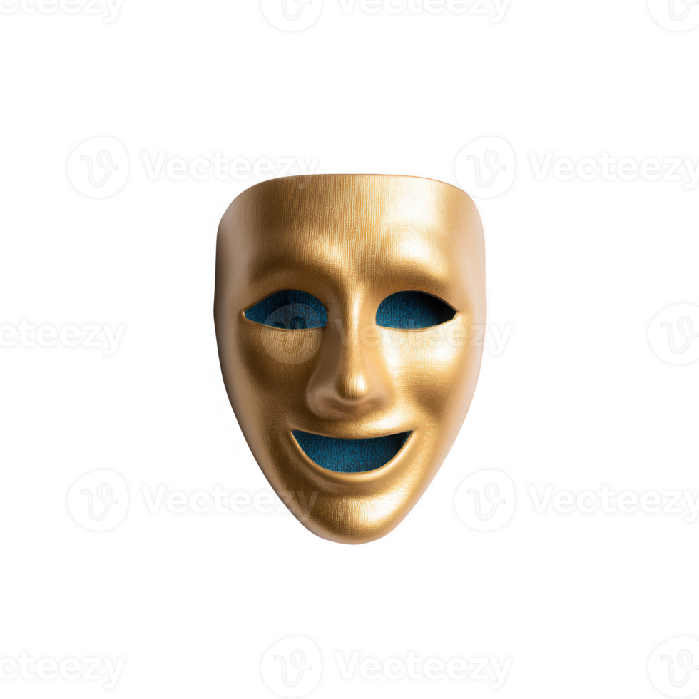 A golden theatrical mask with a smiling expression, isolated on a white background, representing joy, arts, and performance. png