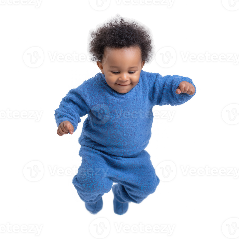A joyful baby wearing a blue outfit, smiling while jumping. The image captures the essence of childhood happiness and innocence in a playful moment. png