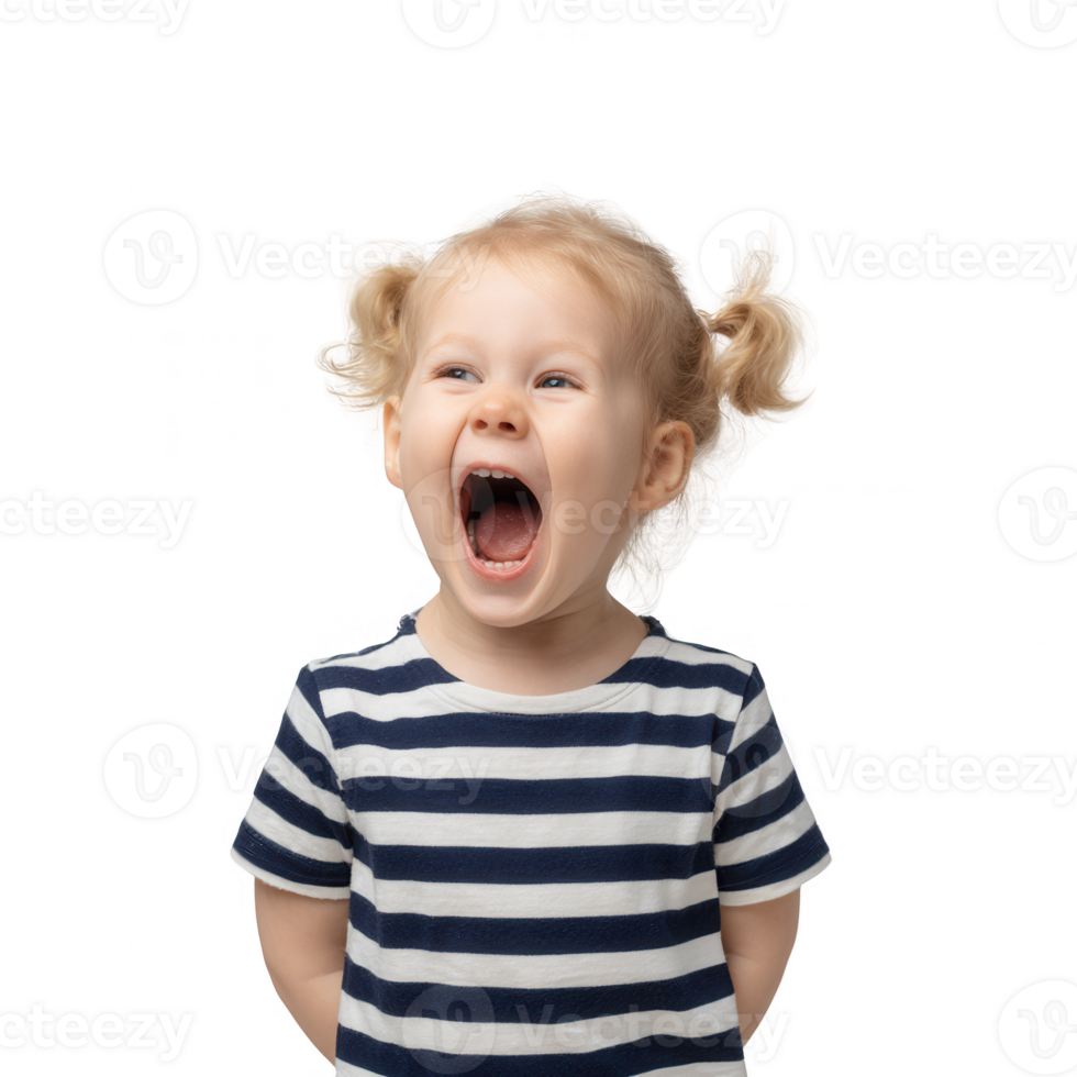A joyful little girl with blonde hair and playful pigtails, expressing excitement and happiness in a fun striped shirt against a white isolated background. png