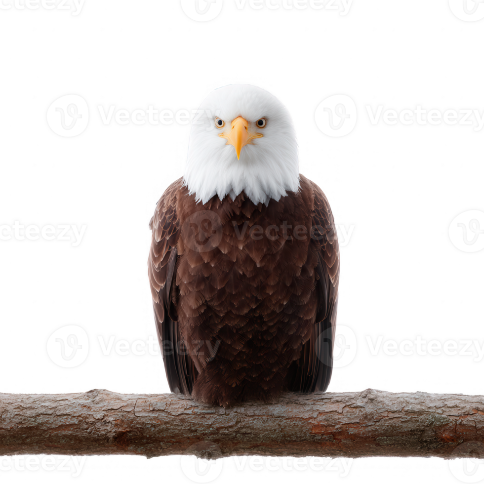 A majestic bald eagle perched on a branch, showcasing its striking features and natural beauty against a white isolated background. png