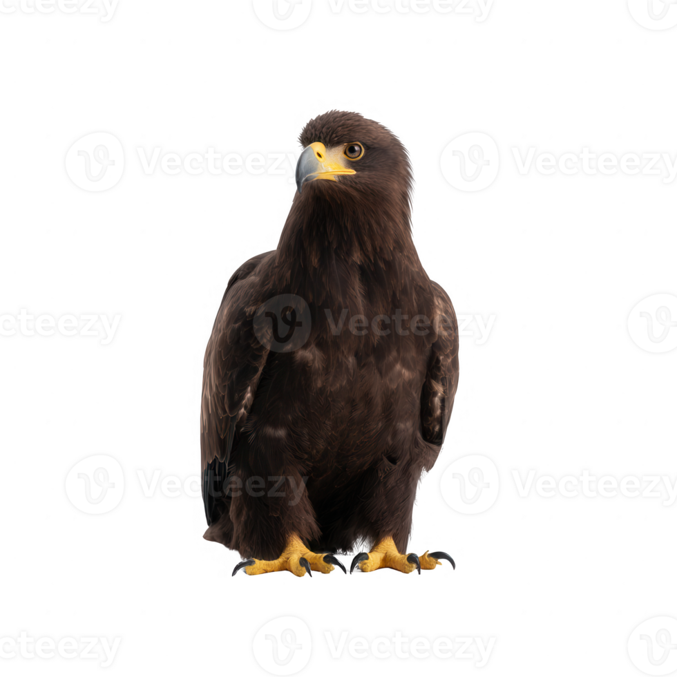 A majestic hawk perched with sharp eyes and powerful claws, showcasing its impressive feathers against a white isolated background. png