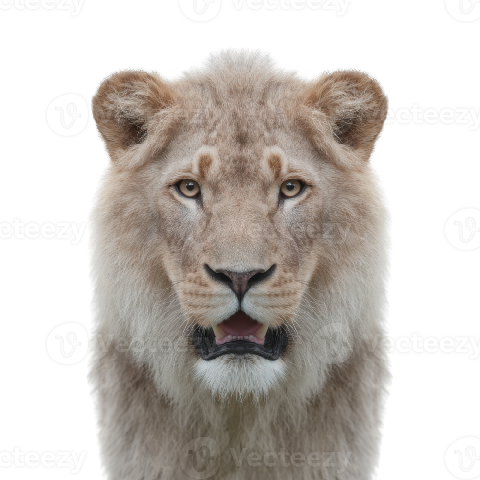 A majestic lioness with a fierce gaze, showcasing its powerful features and elegant mane against a white background. png