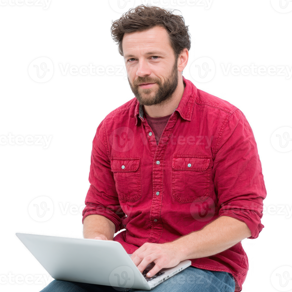 A man in a red shirt working on a laptop, focused and engaged, showcasing the modern workspace lifestyle. png