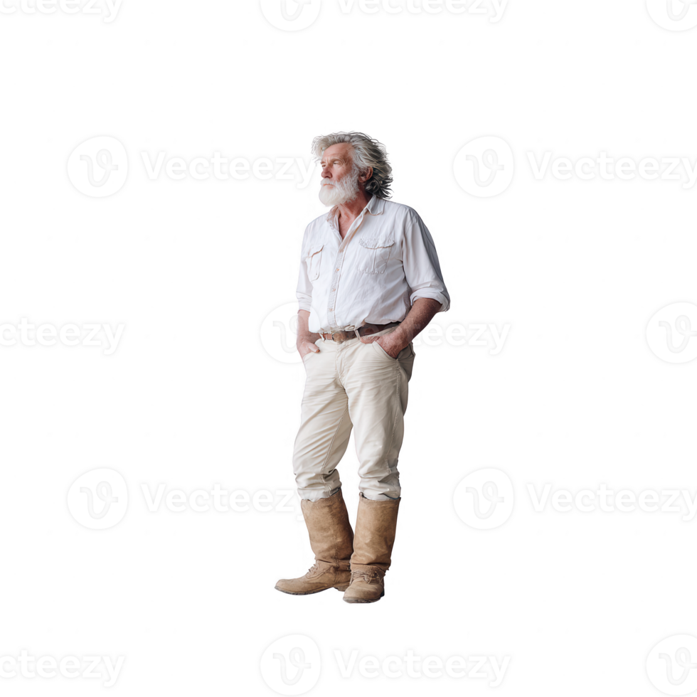 A mature man with long hair and a beard, wearing a white shirt, light-colored trousers, and boots. He stands confidently with hands in pockets against a white isolated background. png