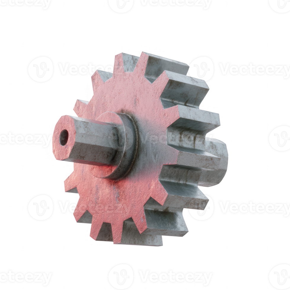 A metal gear cog with a rusty finish isolated on a white background, showcasing the intricacies and details of industrial machinery components. png