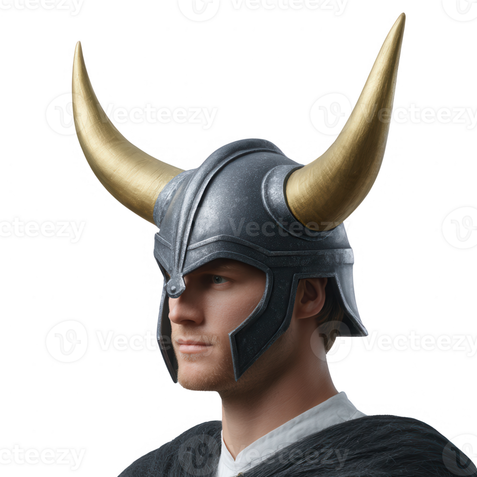A noble warrior wearing an iconic horned helmet, showcasing a fierce expression. The subject stands against a white isolated background, emphasizing strength and valor. png