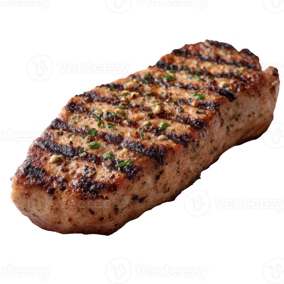 A perfectly grilled piece of meat with char marks, garnished with herbs, showcasing mouthwatering texture and flavor, ideal for culinary presentations and gourmet illustrations. png