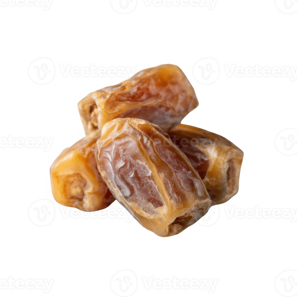 A pile of juicy, dried dates on a white isolated background, showcasing their rich brown color and texture, perfect for healthy snacking or as an ingredient in various dishes. png
