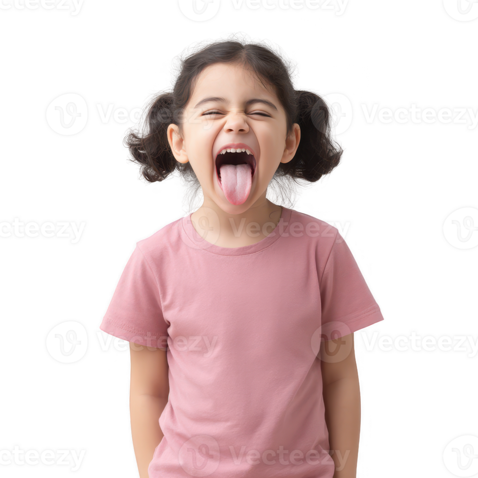 A playful young girl with pigtails sticking out her tongue. She wears a pink shirt and is expressing joy and silliness against a white isolated background. png
