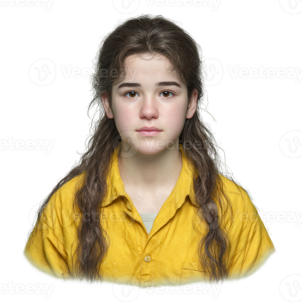 A portrait of a young girl with long hair wearing a yellow shirt, gazing thoughtfully with a neutral expression, isolated against a white background. png