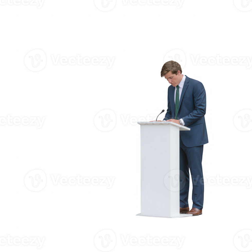 A professional male speaker standing at a podium, engaging the audience with a speech. He is dressed in formal attire, suggesting a corporate or conference setting. png