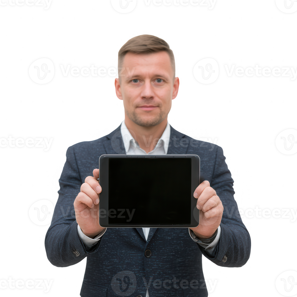 A professional man in a dark suit holding a tablet computer, displaying a blank screen for customization or advertising purposes, isolated on a white background. png