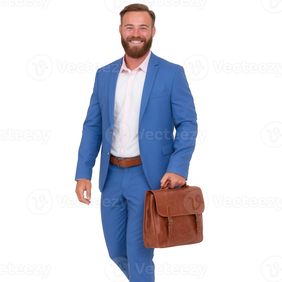 A professional man in a blue suit confidently poses with a leather briefcase, symbolizing success and modern business attire. png