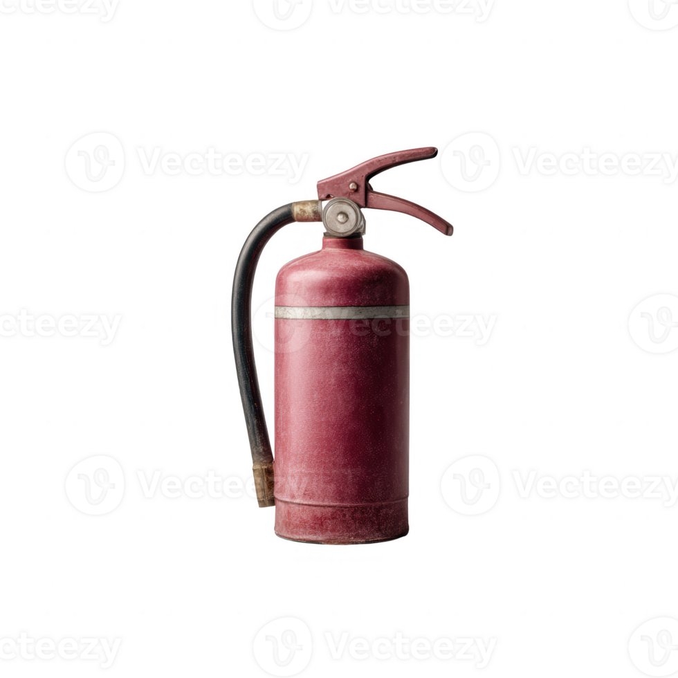 A red fire extinguisher stands prominently against a white isolated background, symbolizing fire safety and prevention in various industries and workplaces. png