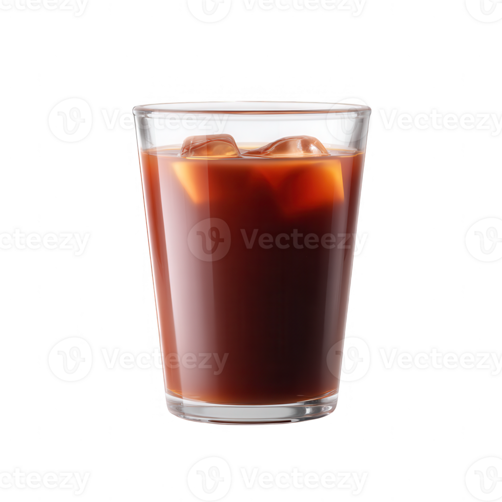 A refreshing glass of iced coffee with ice cubes, served in a clear glass. The rich dark color contrasts beautifully against the transparent glass. png