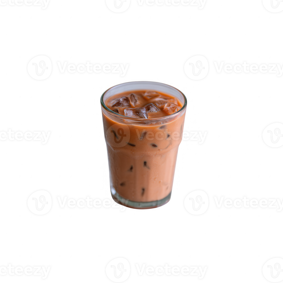 A refreshing glass of iced tea with a rich color and ice cubes, perfect for summer, with a modern aesthetic and isolated on a white background. png