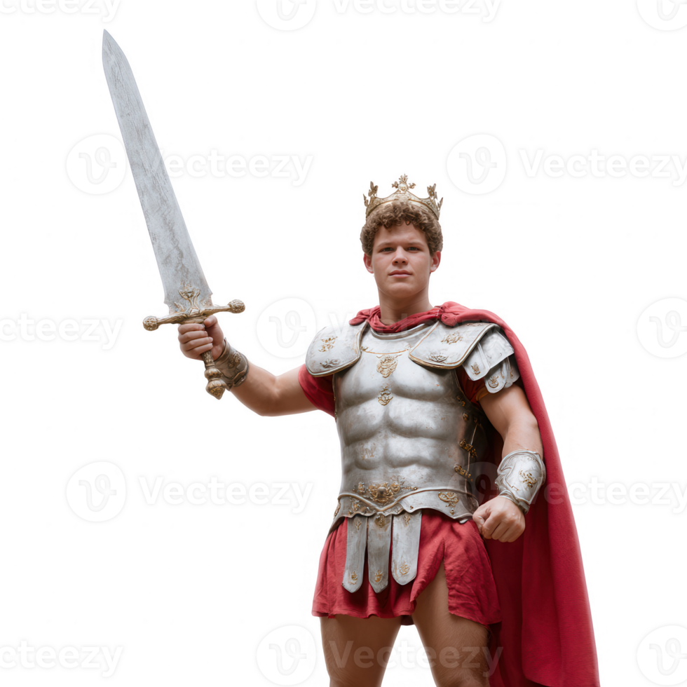 A Roman warrior stands confidently, holding a sword, adorned in traditional armor with a cape and crown, symbolizing strength and valor. png