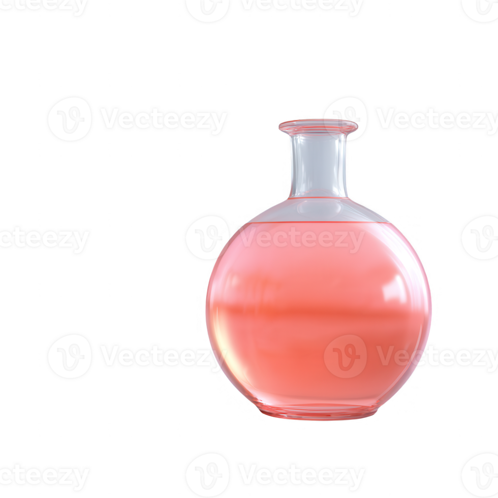 A round glass bottle filled with a pink liquid, perfect for showcasing beverages or cosmetics. Ideal for product design and promotional imagery. png