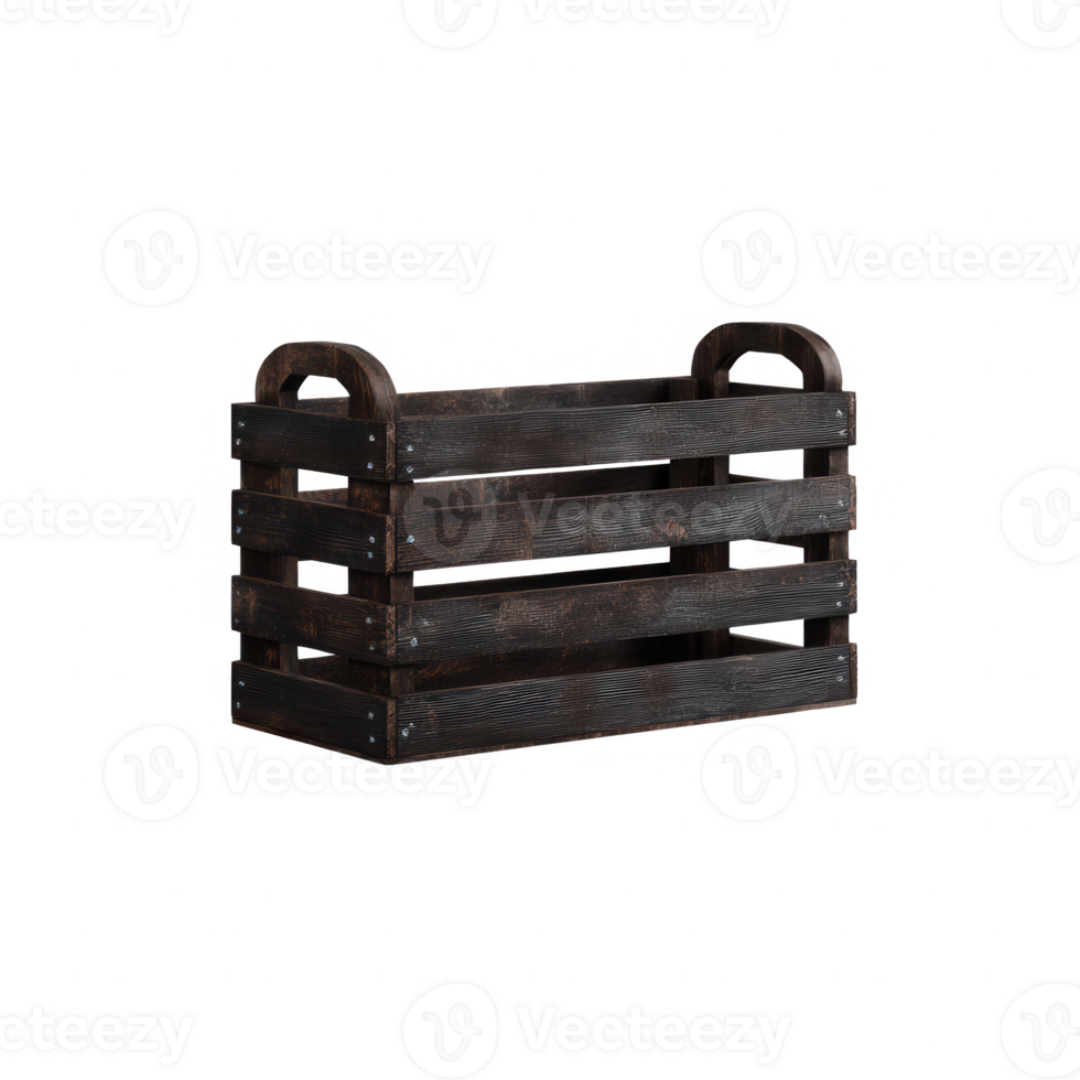 A rustic wooden crate with a dark finish and two handles, perfect for storage or decorative purposes, isolated on a white background. png