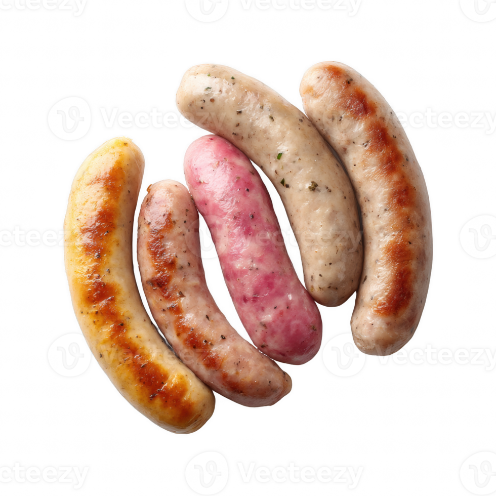 A selection of various sausages displayed on a white isolated background, showcasing different textures and colors perfect for culinary themes. png