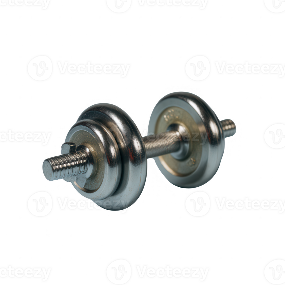 A shiny metal dumbbell on a white isolated background, ideal for use in fitness, strength training, and gym-related themes. png