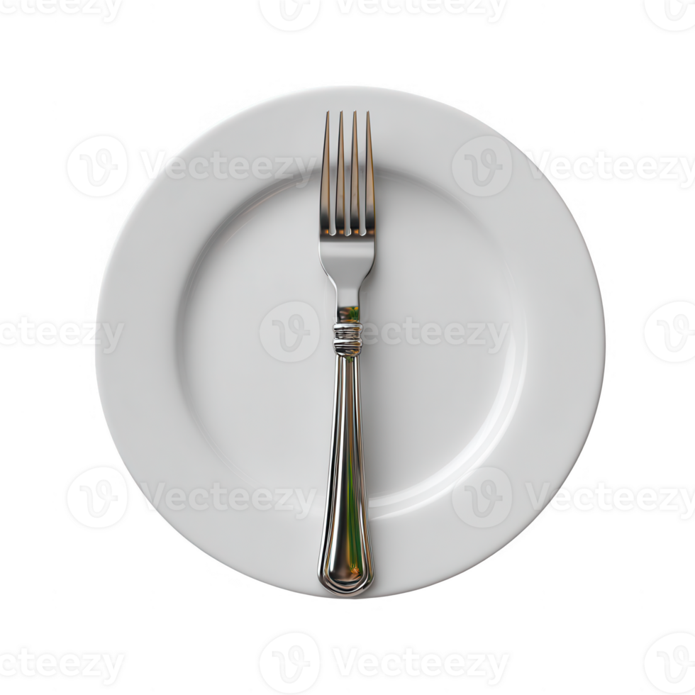 A silver fork placed on a white plate, presented against a white isolated background. Ideal for culinary themes, dining settings, and table presentation concepts. png