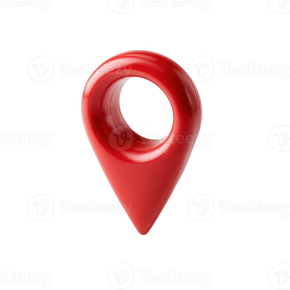 A shiny red map pin with a smooth surface, isolated on a white background, symbolizing location, navigation, and direction. png