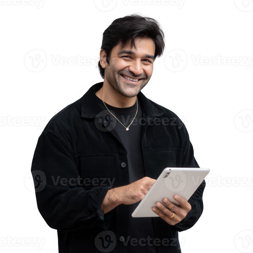 A smiling man interacts with a tablet, dressed in a black jacket, highlighting modern technology and engagement in daily activities. png