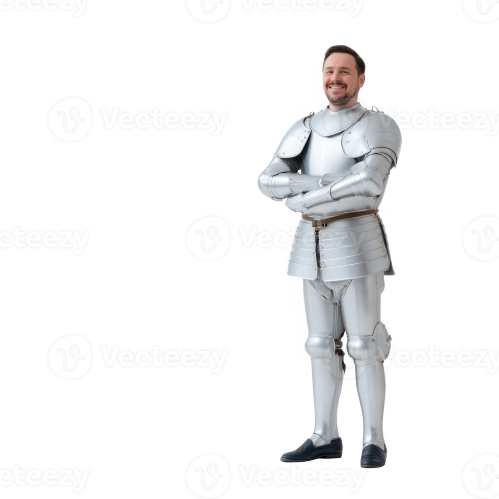 A smiling man dressed in medieval knight armor stands confidently with arms crossed, showcasing a blend of history and modernity against a white isolated background. png