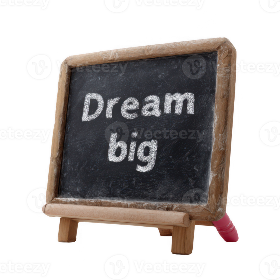 A small chalkboard sign with the motivational phrase 'Dream big' written in white chalk. The sign is set on a wooden easel, perfect for decor or inspirational settings. png