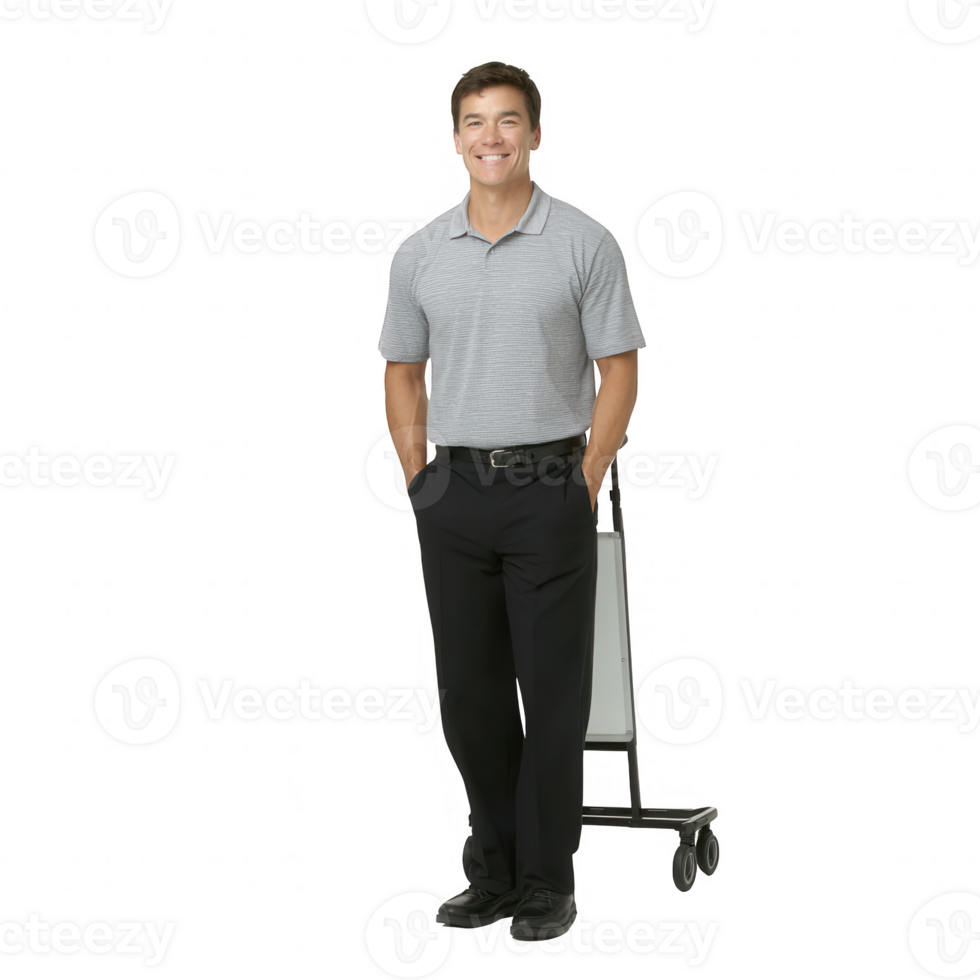 A smiling man in a gray polo shirt and black pants stands confidently next to a cart, ready for work, on a white isolated background. png
