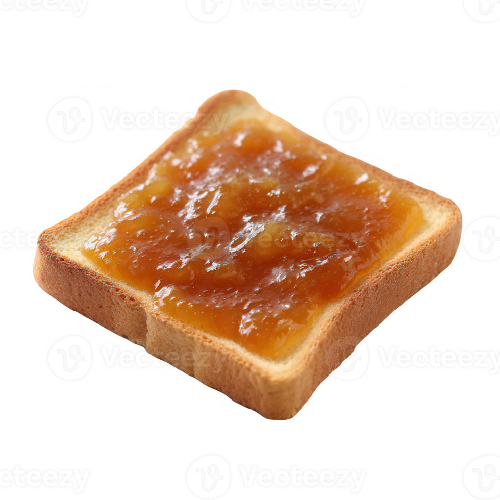 A slice of toast topped with sweet fruit jam, showcasing a golden brown crust and a glossy, thick layer of jam. Perfect for breakfast or a snack. png