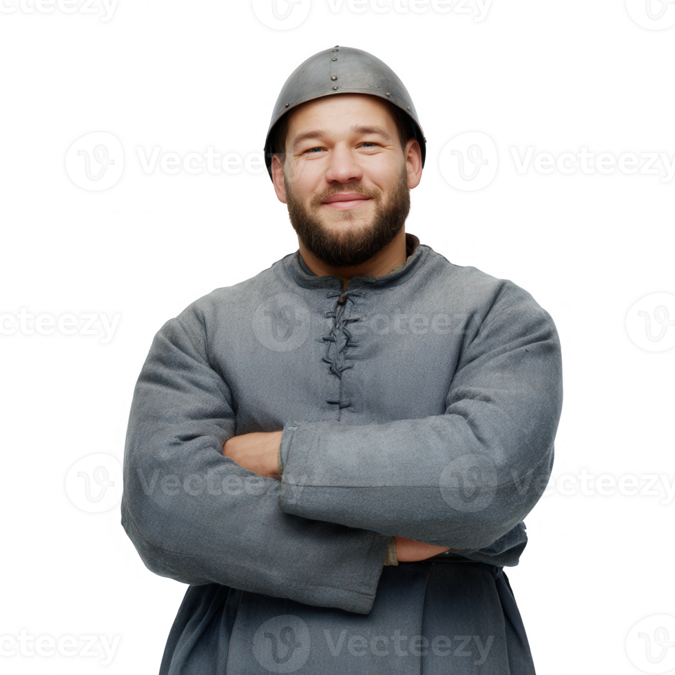 A smiling man wearing a historical grey tunic and helmet, standing confidently with arms crossed against a white isolated background. png