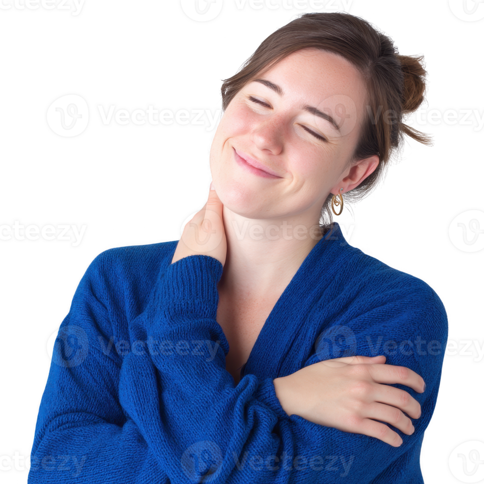 A smiling woman in a cozy blue sweater gently embraces herself, conveying a sense of warmth and self-love, set against a transparent background. png