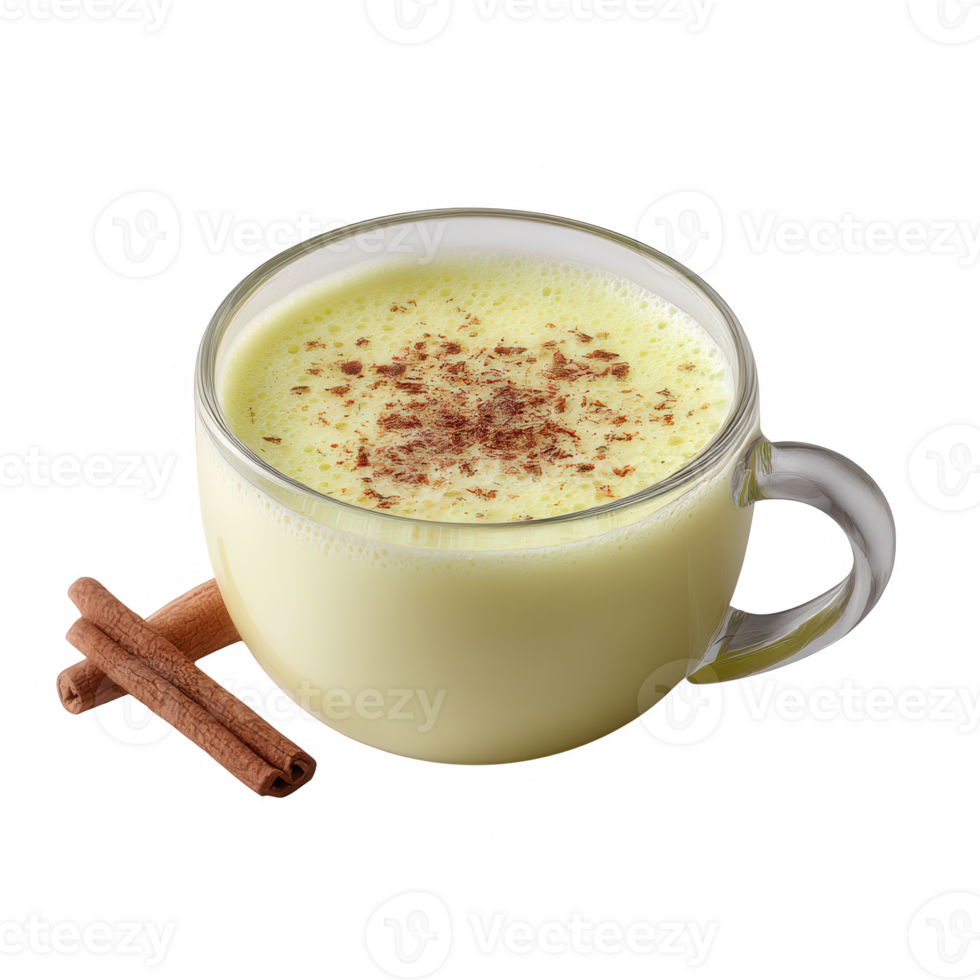 A steaming cup of creamy beverage topped with cinnamon and chocolate shavings, set against a white background, perfect for cozy atmospheres and festive occasions. png