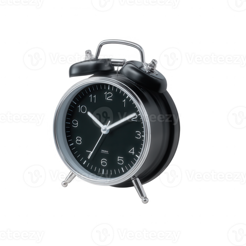 A stylish black alarm clock with a classic design, featuring a round face and a shiny metallic finish. Ideal for home decor and time management. png