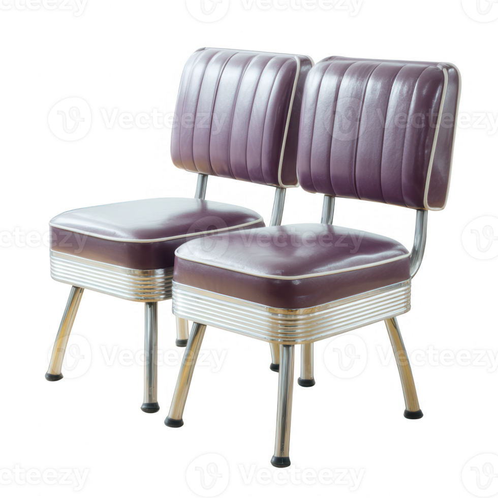 A stylish pair of vintage diner chairs with purple upholstery and chrome legs, perfect for a retro-themed space or as unique decor elements in any setting. png