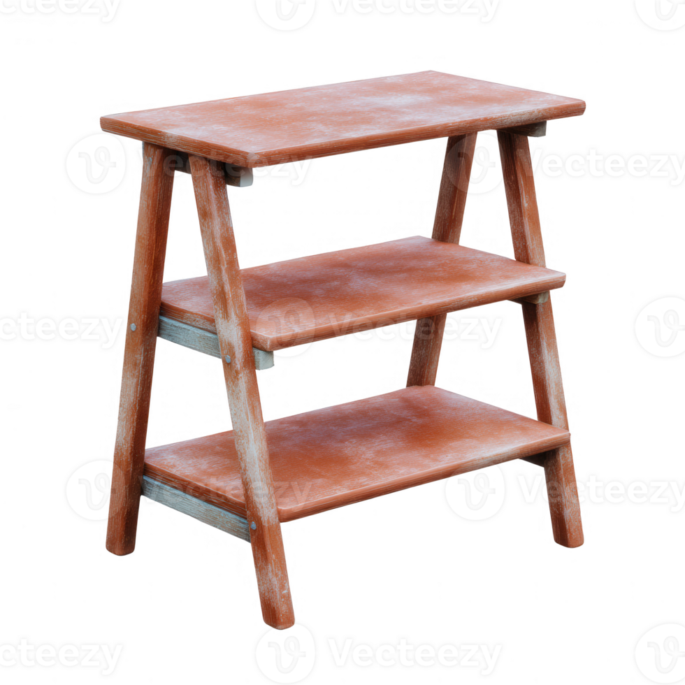 A stylish three-tiered wooden shelf, featuring a rustic design with a warm brown finish. Perfect for displaying plants, books, or decorative items in a modern home. png