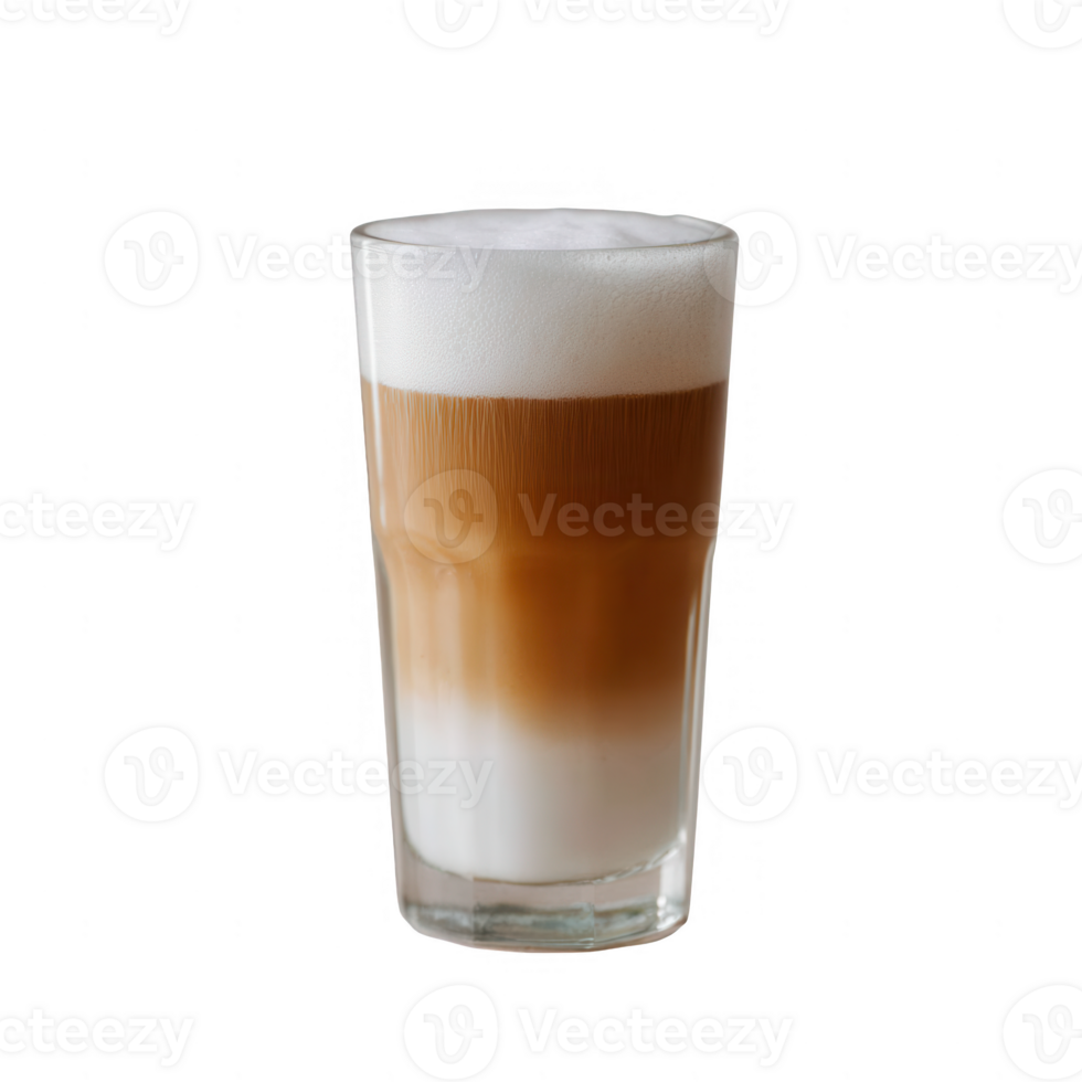 A tantalizing glass of latte featuring rich, creamy layers of coffee, milk, and foam, set against a white isolated background. png